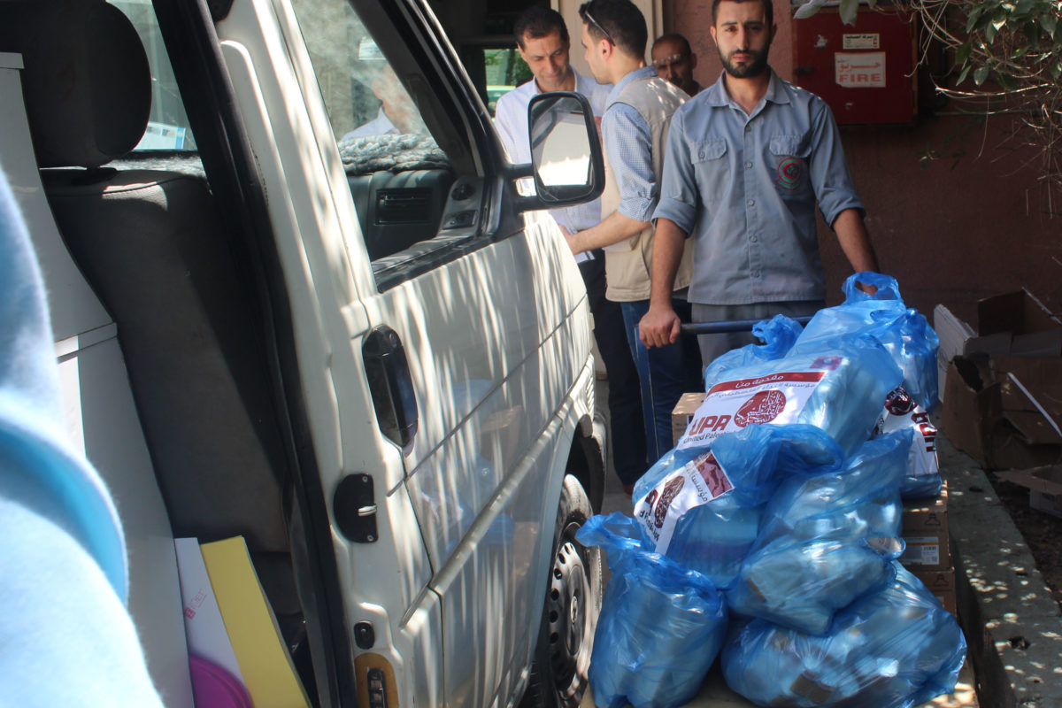 Pharmaceuticals arriving at a local hospital in Gaza.