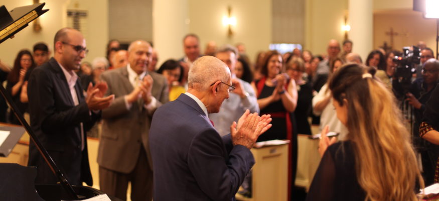 Palestinian Composer, Amin Nasser receives at standing ovation at a UPA benefit concert.